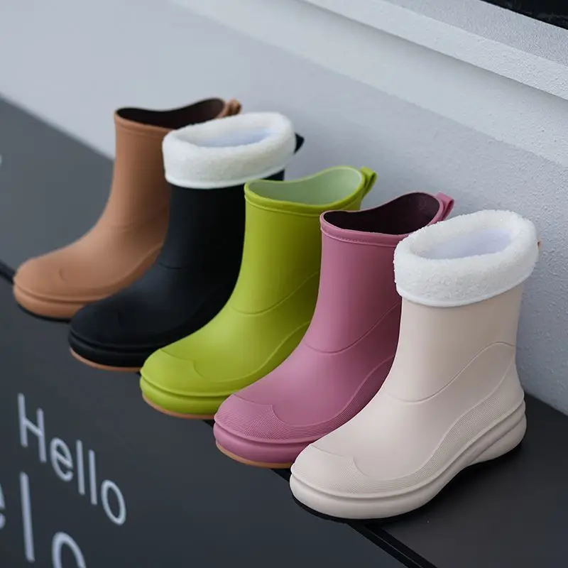 2024 New Korean Style Rubber Boots Women Rain Boots Waterproof Non-slip Mid-tube Boots Plus Velvet for Warmth Rain Boots