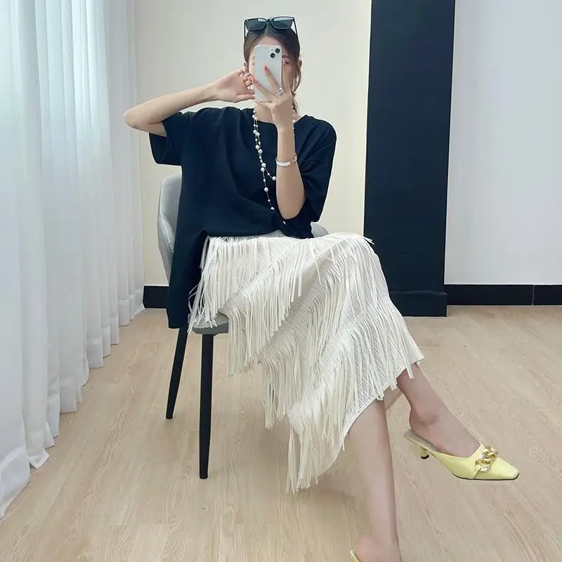 Y2K Tassel Pleated Patchwork A-line Skirt Summer New High Waist Solid High Street Half Skirt Temperament Fashion Women Clothing