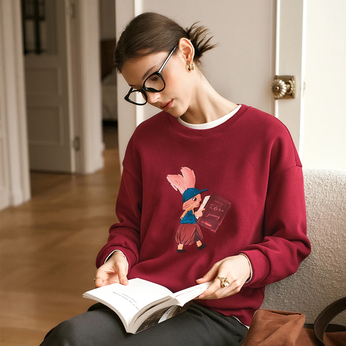 OLrain Red Cotton Sweatshirts Women 2025 Autumn Vintage Thick O-neck Printing Drop Sleeve Casual Lazy Ladies Pullover O56DR95226