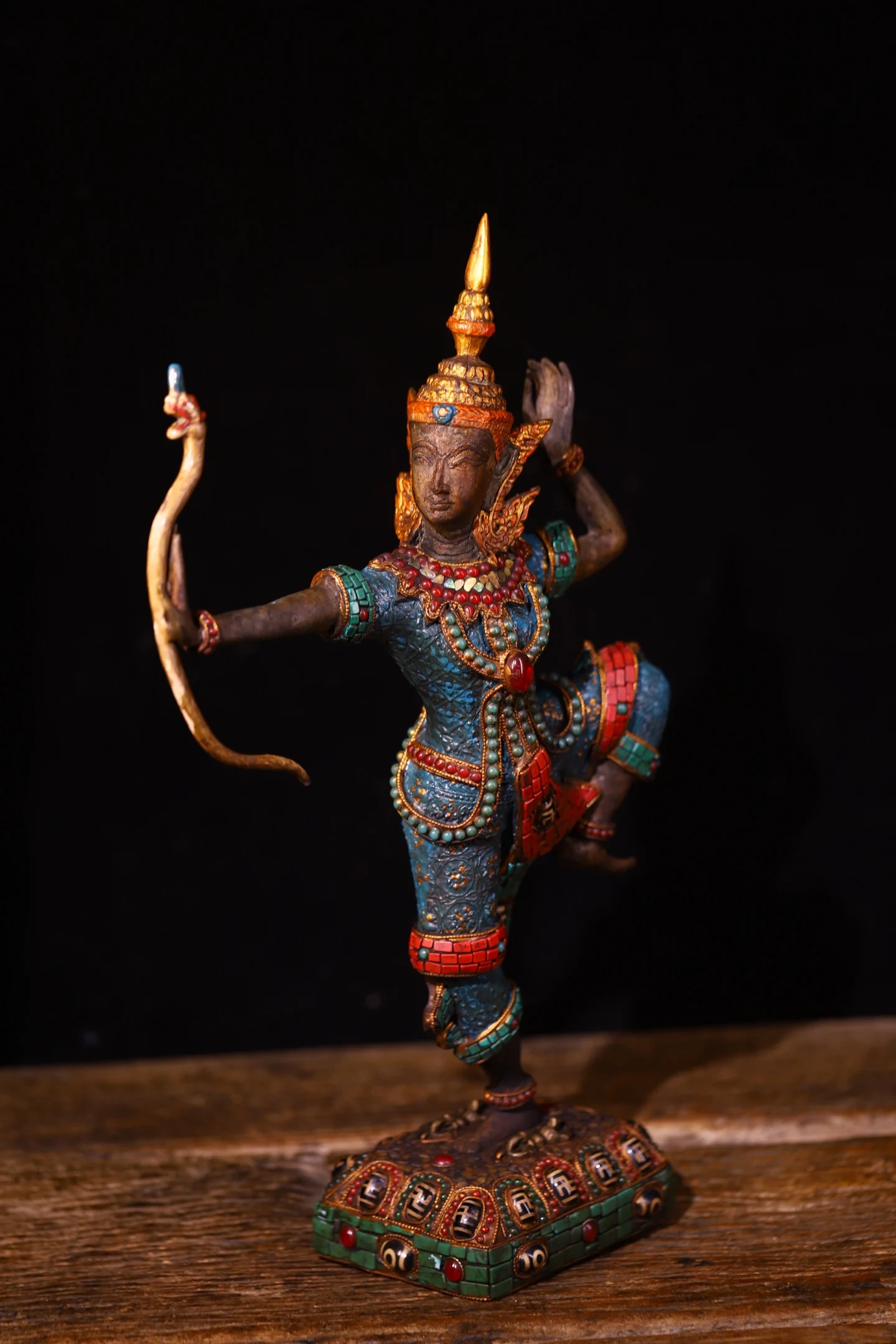 Old Lima Copper Mosaic Gem gZi Beads Turquoise Molizhitian Dance Goddess Lotus Terrace Standing Buddha Worship Hall