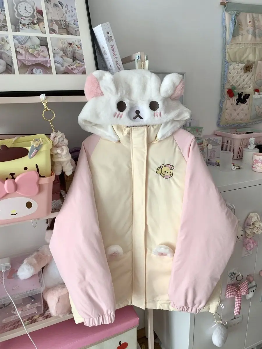 

Kawaii Rilakkuma Hooded Cute Cotton Jacket Student Winter Thick Warm Anime Cartoon Y2K Cotton-padded Jacket Girl's Gifts Toys