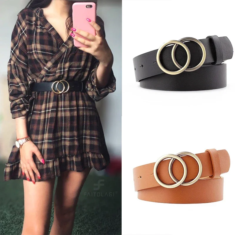 Cinturón de moda con doble anillo para mujer, de cuero PU con hebilla de metal con broche en forma de corazón, para vestido de ocio y vaqueros