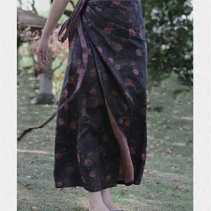 2025 Nieuwe Lente Boho Bloemenprint Rok Vrouwen Mode Elegante Taille Wrap Rokken Vrouw Ademend Casual Vrouwelijke Midi Rokken