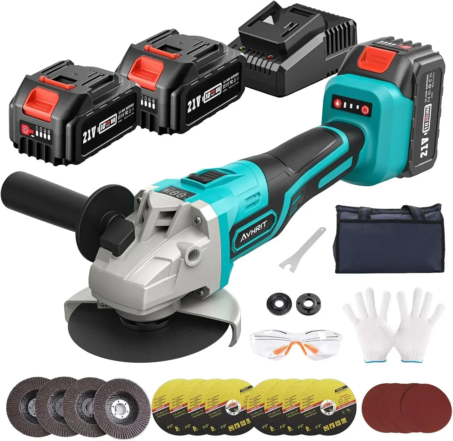 Cordless Angle Grinder 2X4.0AH Batteries, 21V Power Angle Grinder Tools with Fast Charger,Flap Disc for Cutting, Grinding