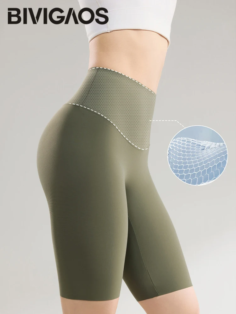 BIVIGAOS Summer Thin Seamless High Waist Sharkskin Bicycle Shorts Women Knee Length Tight Biker Shorts Sport Short Leggings