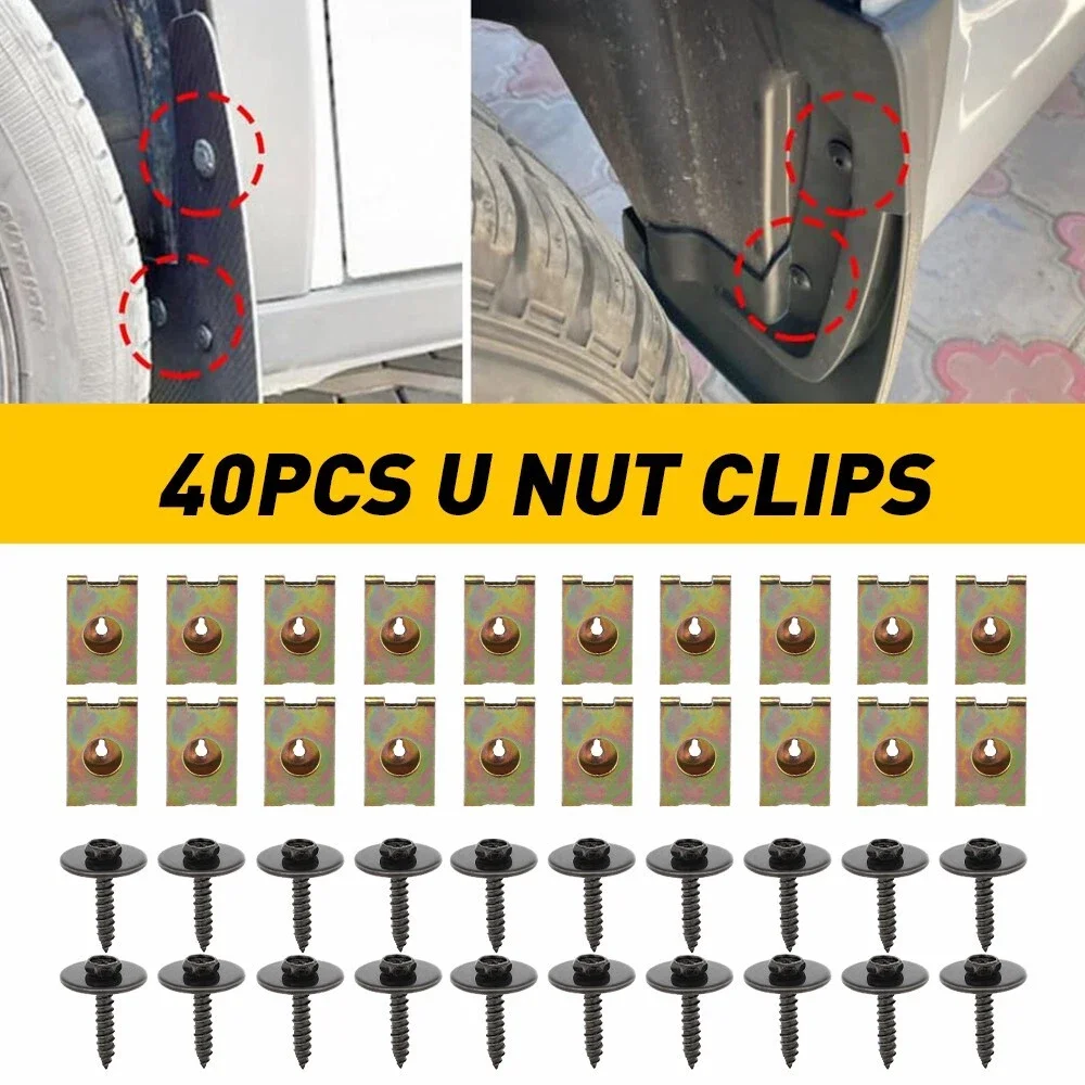 

40Pcs Metal Car Screw Body Fender Bumper Retainer Kits Fastener Clips U Nut Clips Gasket Hex Bolts Car Interior Accessories