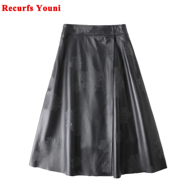 

High End Lambskin Skirt for Women Distinctive Relief Printed Flowers Jupe Mujer Casual real Leather Large Swing A-line Faldas