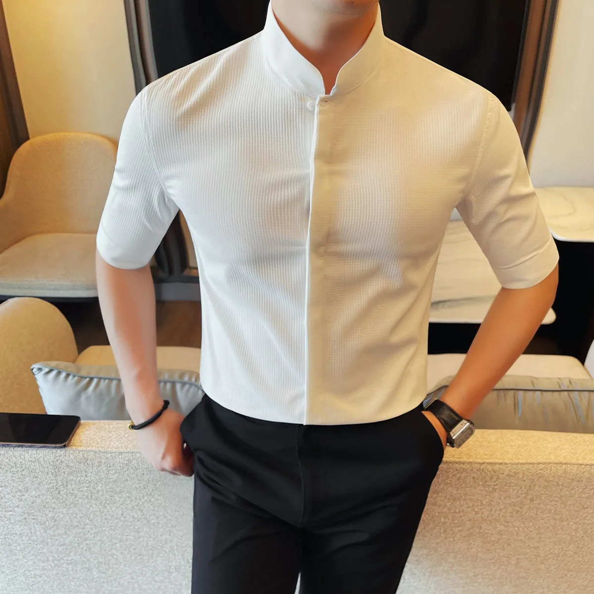 

Summer Men's Social Shirts Fashion Stand Collar Half Sleeve Men Dress Shirt Slim Fit Casual Business Formal Wear Blouse Homme