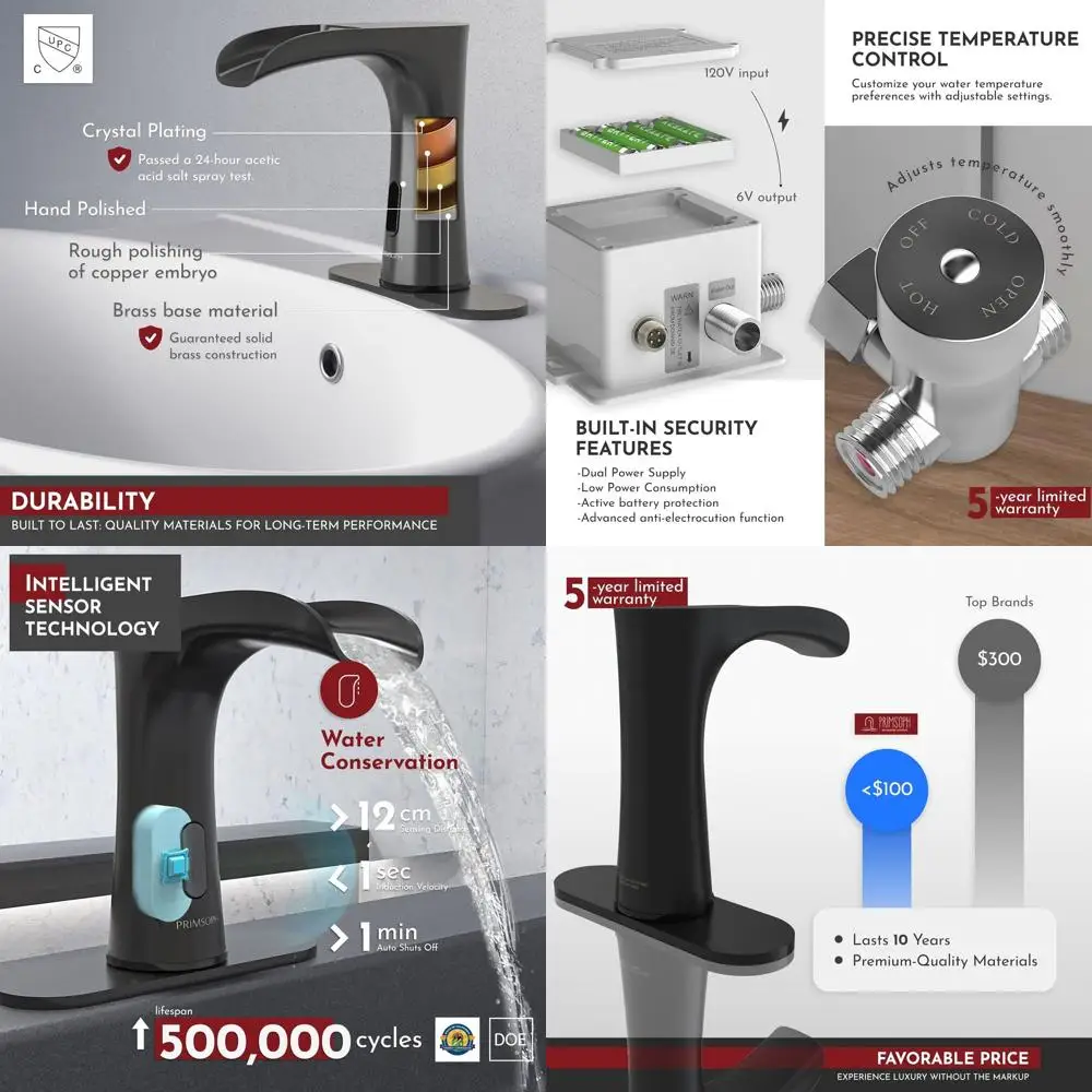 

Matte Black Touchless Infrared Sensor Faucet, Battery or Plug-in, for Commercial Bathroom Sinks