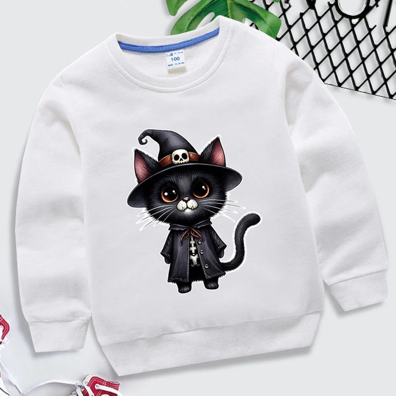 

Cute Halloween Black Cat Pullovers For Kids Autumn Winter Creative Children Pullovers Tops Girls Boys Casual Round Neck Pullover