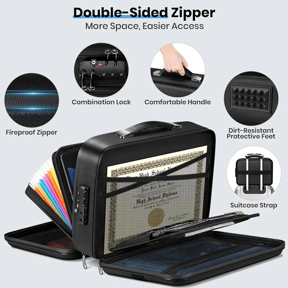 

AP-Fireproof Document Box Double-Zip,Hard-Shell Waterproof Fire Proof Bag With Lock & File Folder,For Home Office Documents