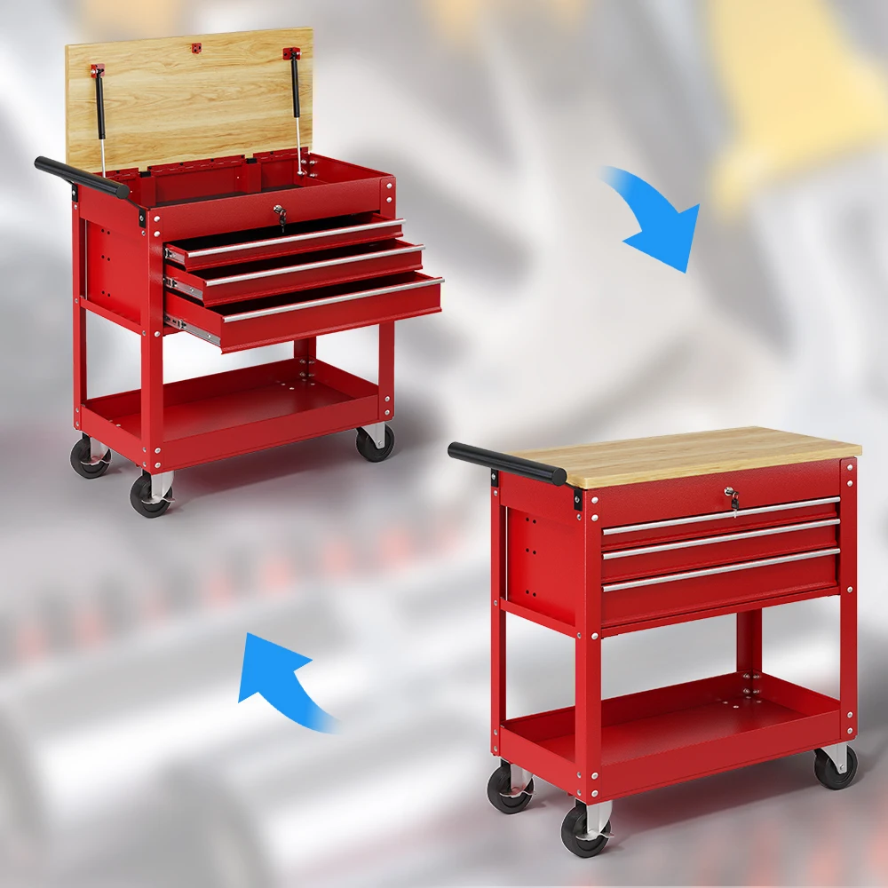 

3-Drawer Tool Cart with Wood Top, Heavy Duty Storage Organizer Cabinet, Industrial Service Cart with Casters and Locking System