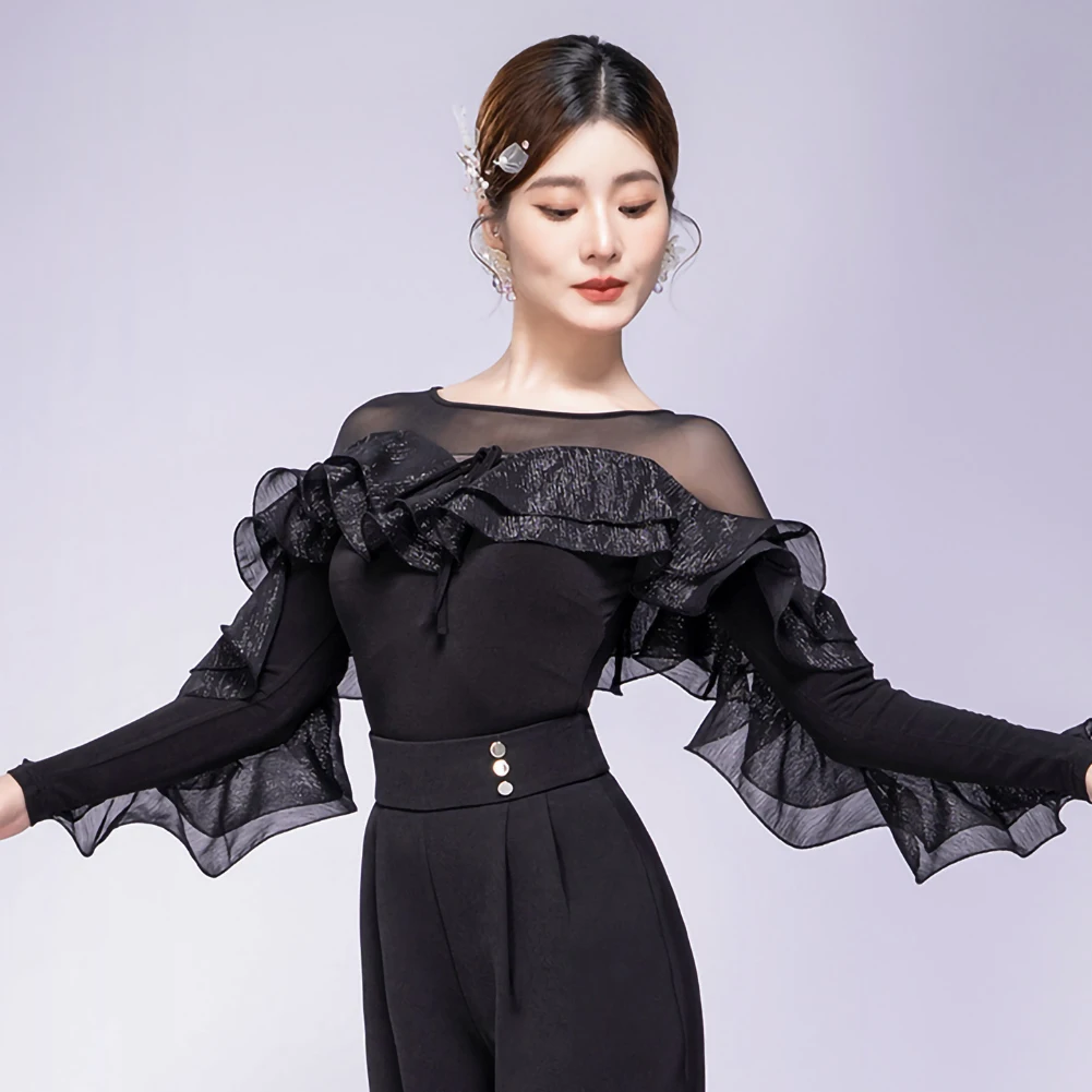 

Комбинезон, новый танцевальный костюм, танцевальное платье с рюшами, женский топ, элитный топ для бальных танцев с длинными рукавами, вальс, круглый вырез, танцевальный топ