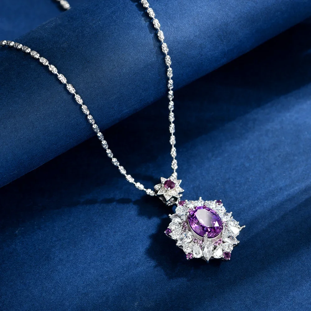 

New S925 silver necklace 3ct egg shaped 8 * 10 purple cultivated gemstone necklace single pendant marry jewelry