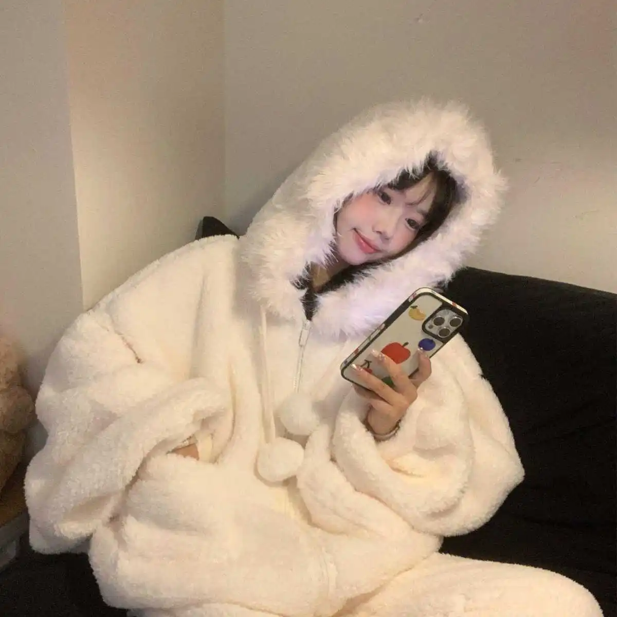 

Милая и милая плюшевая одежда для сна из кораллового бархата с капюшоном, зимний женский толстый бархатный теплый свободный комплект домашней одежды