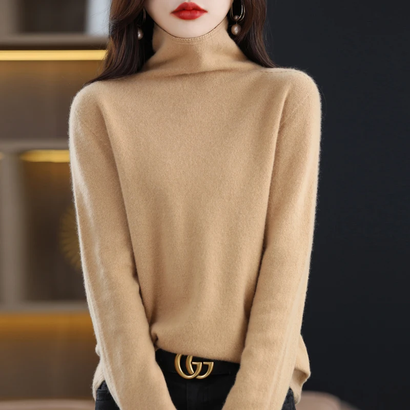 Women\'s sweater autumn/winter 100% pure wool sweater casual solid knitted Tops turtleneck pullover loose basic bottom Blouse