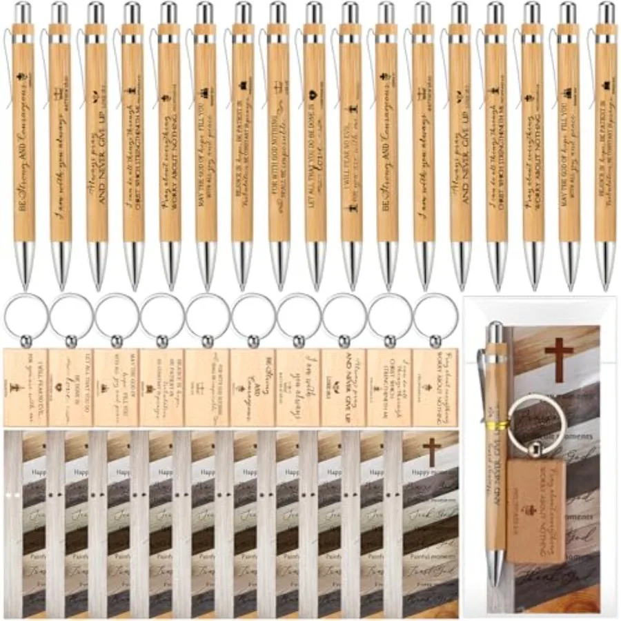 

Spakon Sets Christian Gifts Bulk Bible Verse Bamboo Pens Inspirational Religious Wooden Keychains Scripture Bookmark Sets for W