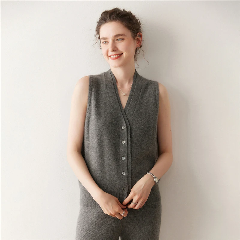 เสื้อกั๊กไหมแคชเมียร์ผู้หญิง ดีไซน์เก๋ 100% แคชเมียร์ ถักนิตติ้ง สำหรับฤดูใบไม้ร่วงและฤดูหนาว แบบไม่มีแขน คอวี เหมาะสำหรับสาวออฟฟิศ