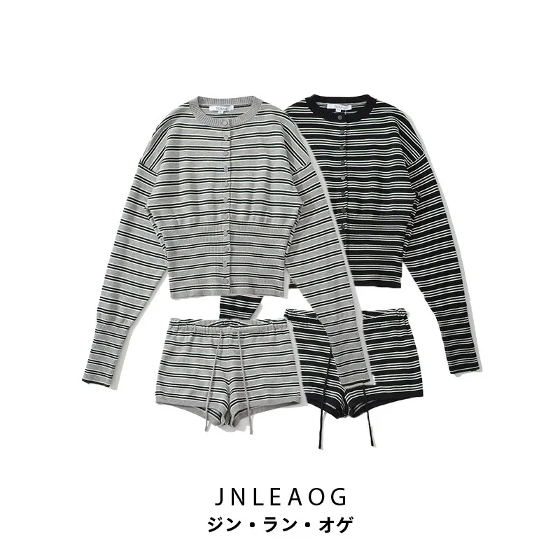 

Autumn New Arrival Women's Faion Striped ort Pants Sweater Cardigan Casual Sle Long Sve round Ne Two-Piece Set
