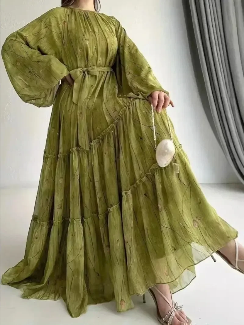Eid มุสลิม Abaya ชุดผู้หญิงพิมพ์ชีฟอง Sashes Jalabiya Kaftan อิสลาม Vestidos Largo อาหรับยาว Robe Ramadan โมร็อกโก Abayas
