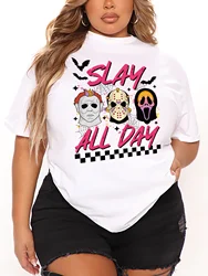 Plus Size Women Clothing Summer Short-sleeved Round Neck Printed Graphic Skull Halloween SLAY ALL DAY Tops Large Size T-shirts