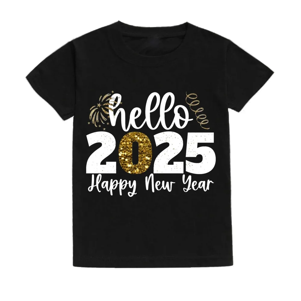 Hello 2025 Happy New Year Kids T-shirt Boys Girls Clothes Toddler New Year Party Gift Tee Child Short Sleeve Shirts Clothes