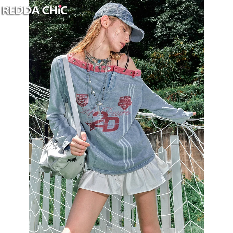 REDDACHiC Graphic Print Sporty Jersey Top Women Long Sleeves Eyelets Off Shoulder Loose Overdye Hoodies Casual Autumn Clothes