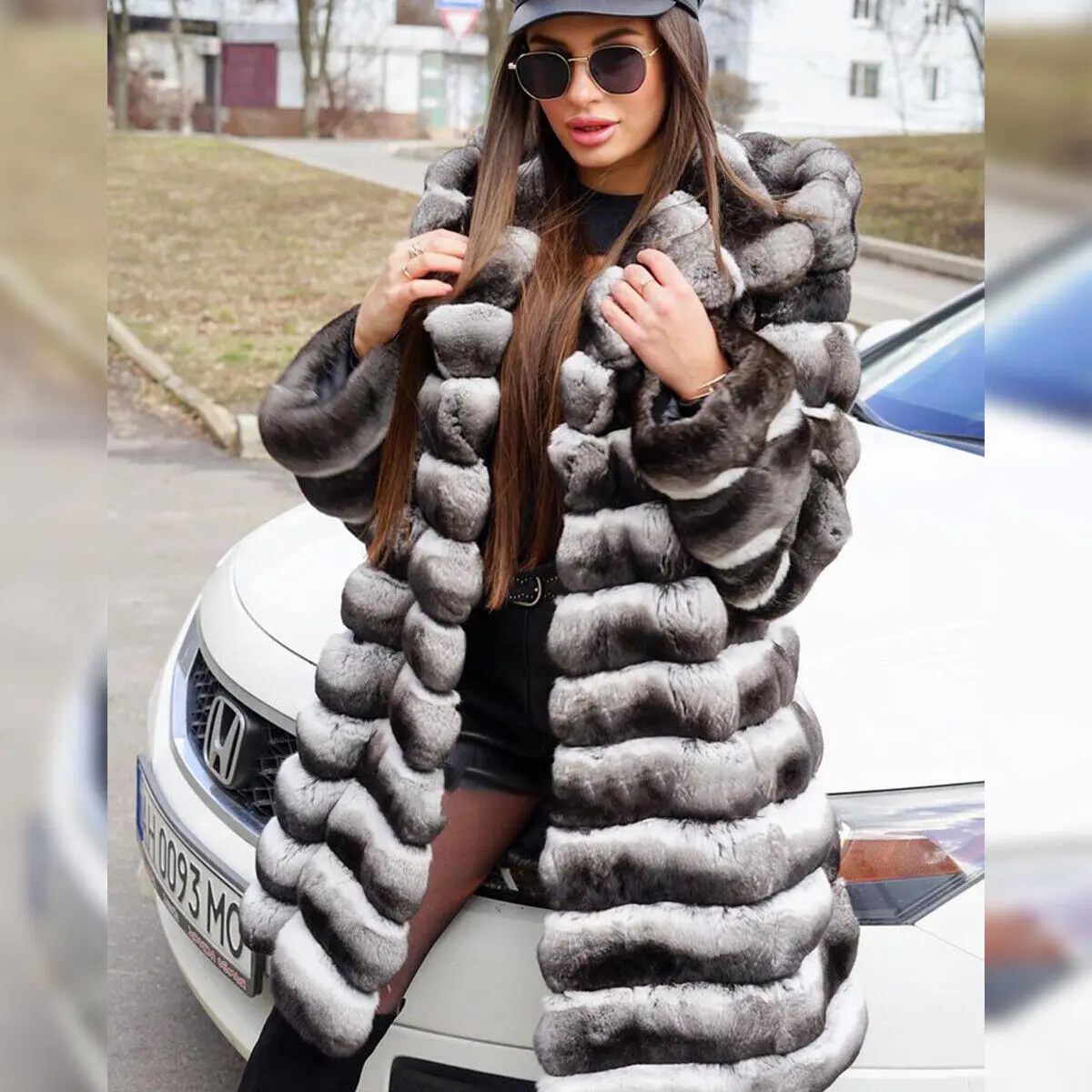 Gorgeous Chinchilla Mid-Length Jacket Women Winter Real Rex Rabbit Fur Coat Fashion Natural Genuine Fur Hood Thick Overcoat