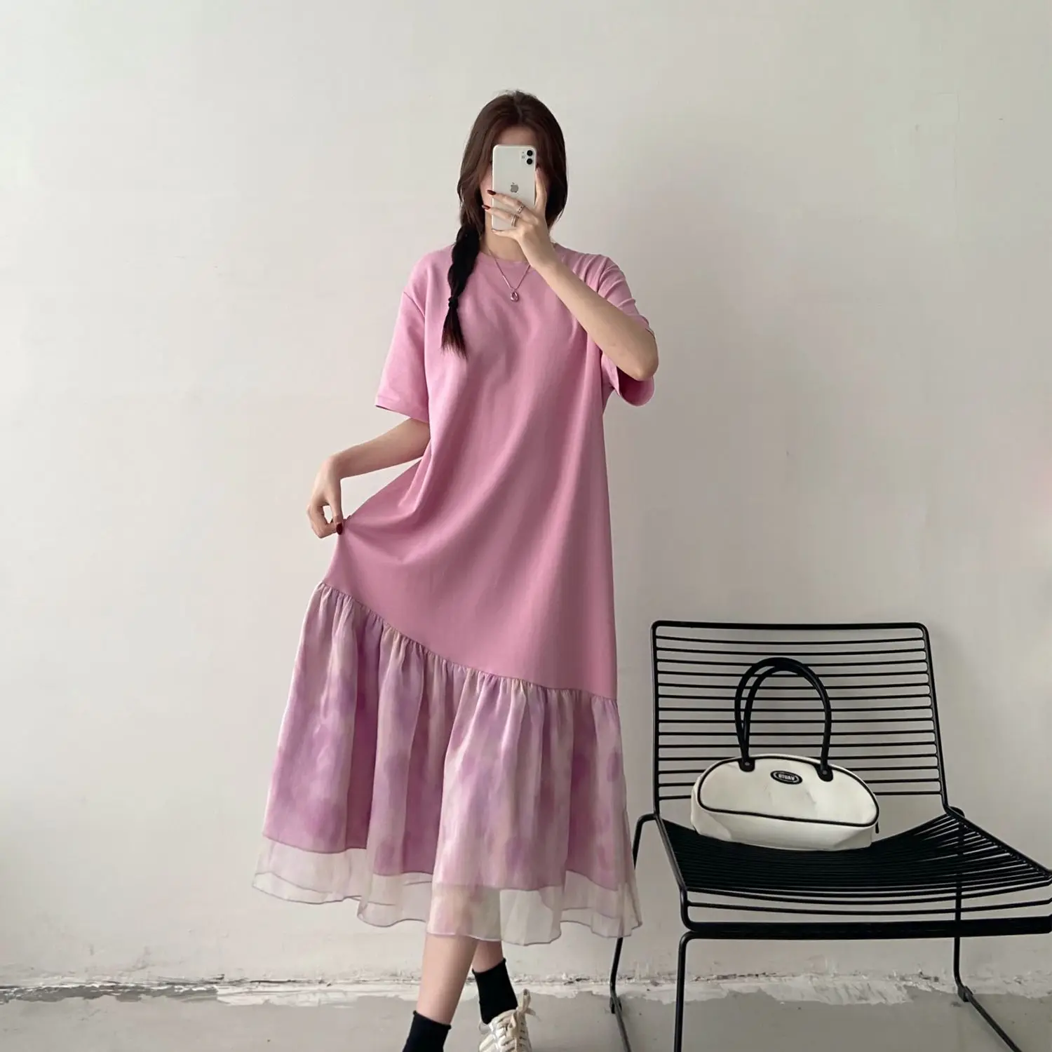 Robes d'été surdimensionnées en Patchwork, ample, assortie avec tout, t-shirt en fil de filet, vêtements pour femmes, robe longue irrégulière simple