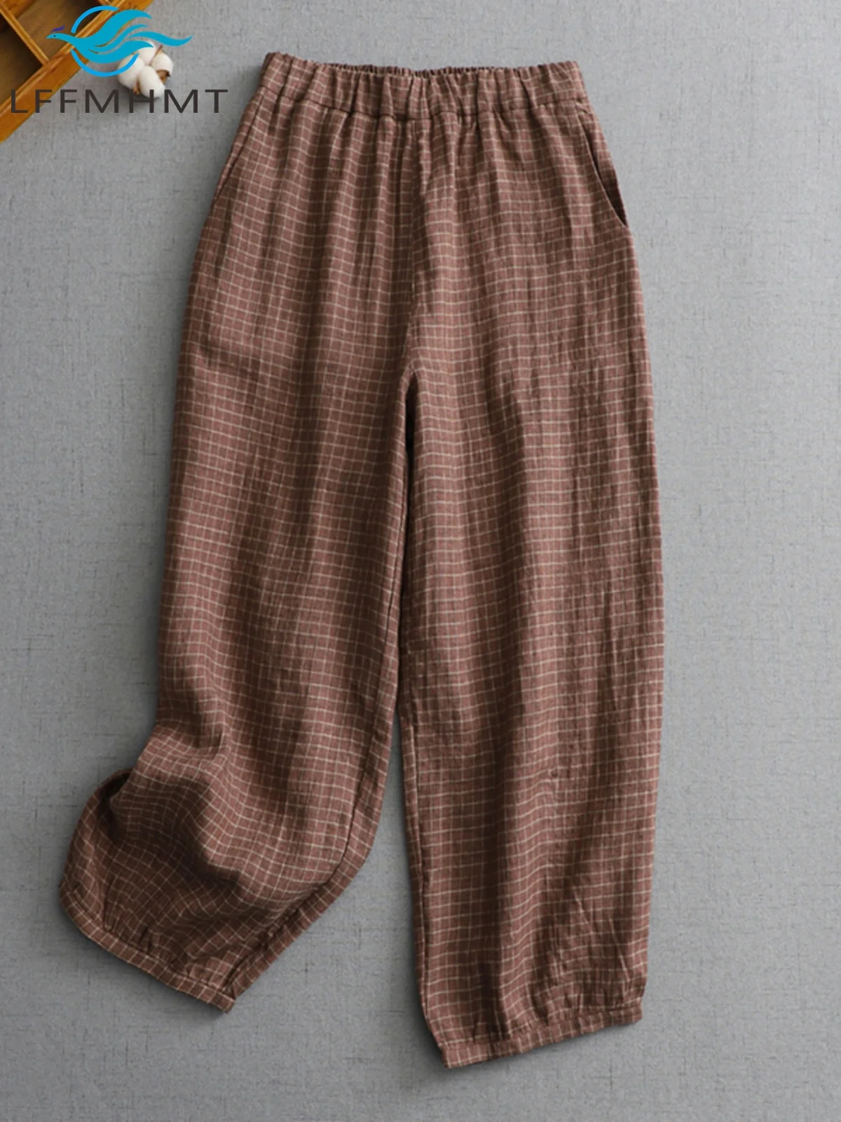 

Весенне-летние модные женские винтажные клетчатые льняные брюки хорошего качества, женские простые базовые классические мягкие уютные повседневные брюки