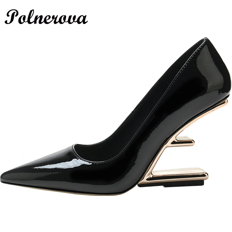 Black Patent Leather Wedge High-Heels for Women Single Shoes Special-Shaped Heel Shallow Mouth Pointed Toe Fashion Women's Shoes