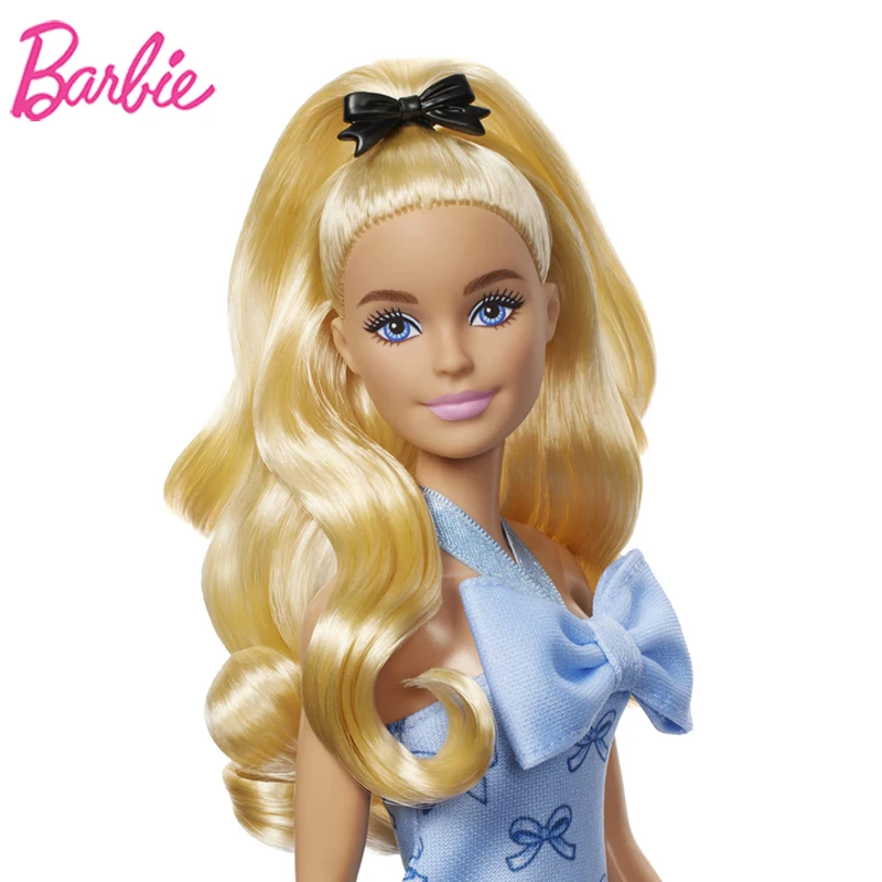 Genuine Barbie Deluxe Style Dolls Pink Dress Outfit Blond Hair Knot Bow Accessories Mesh Tights Toys For Girls Sweet Gift