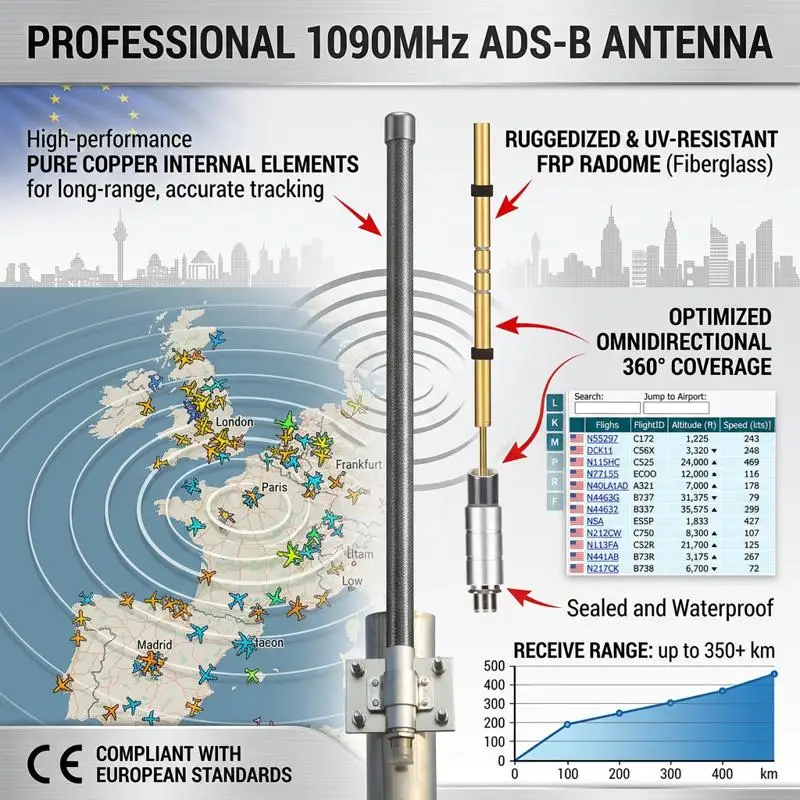 Antena ADS-B 1090MHz 978MHz, antena Flightradar, automatyczna transmisja informacji o ruchu lotniczym, kontrola ruchu powietrznego, pozemna.