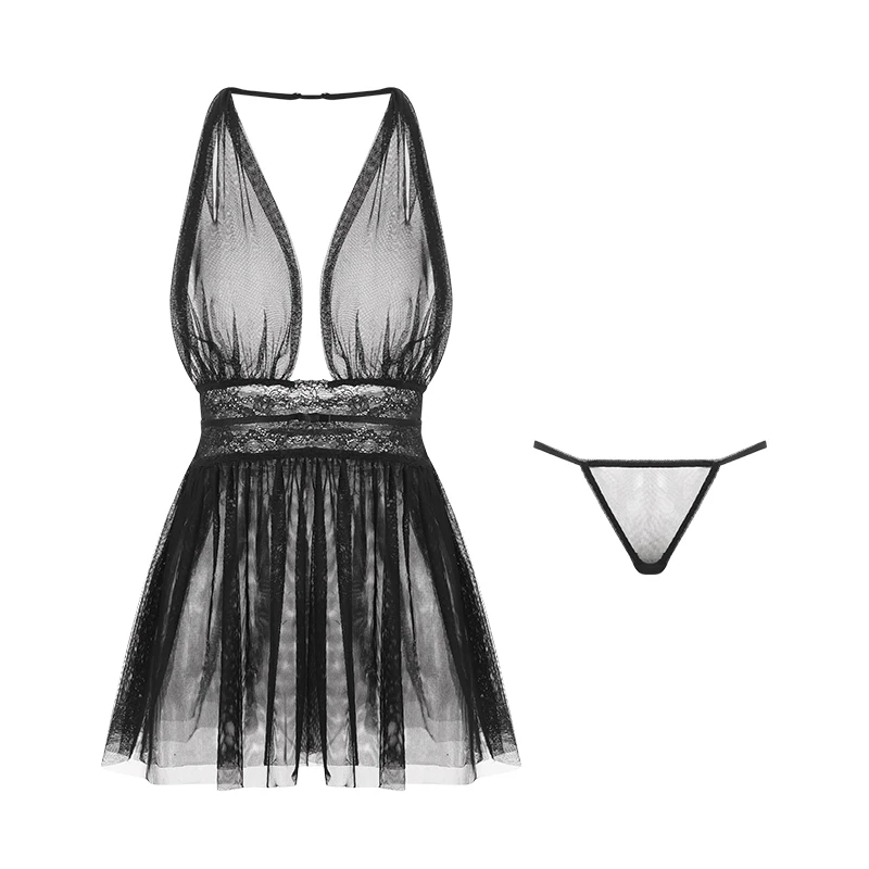 Sexy Mousse Erotic Lingerie Sexy Deep V Temptation Large Size Pajamas Mesh Suspenders Nightdress Women's Home Clothes Suit