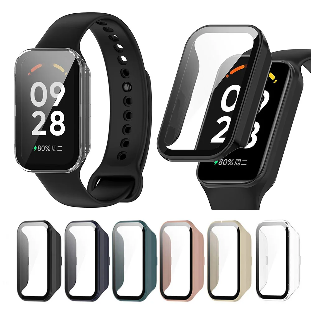 PC+Glass Protective Case For Xiaomi Smart Band 8 Active Full Screen Protector Shell Cover Bumper for Redmi Band 2