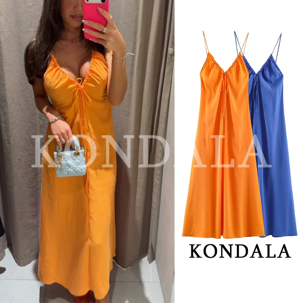 Robe longue décontractée d'été KONDALA pour femme, élégante, à bretelles, avec nœud et laçage, col en V, tendance 2026, chic plage, dos nu