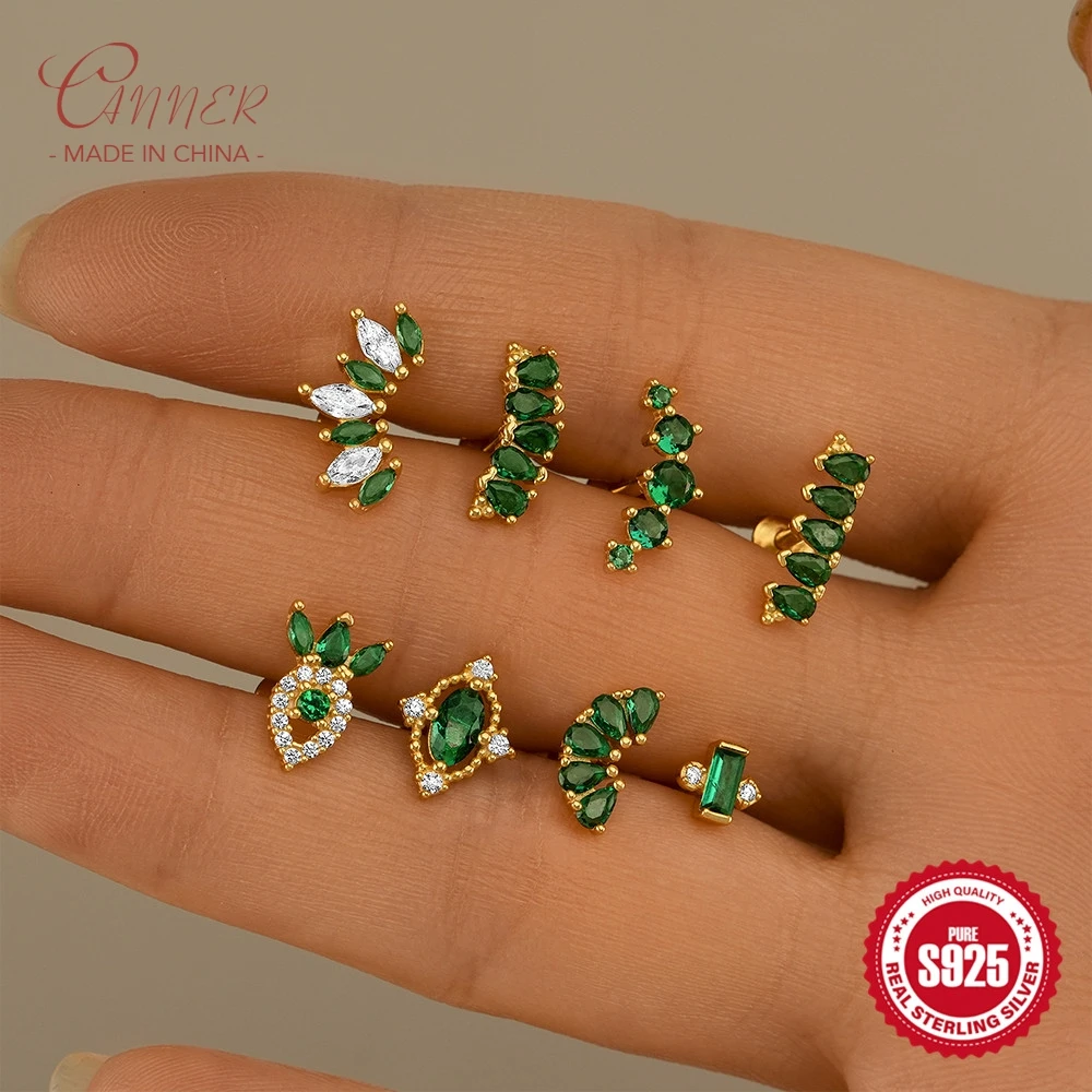 CANNER S925 Sterling Silver Green Zircon Flat Cartilage Spiral Piercing Stud Earring for Women Jewelry Gift Brincos Pendientes