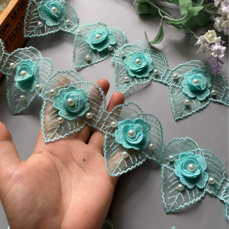 10Pcs/Lot Green Petal Flower Organza Embroidery Fabric Lace Patch Trim Clothes 3D Beading Flower Wedding Dress Diy Applique