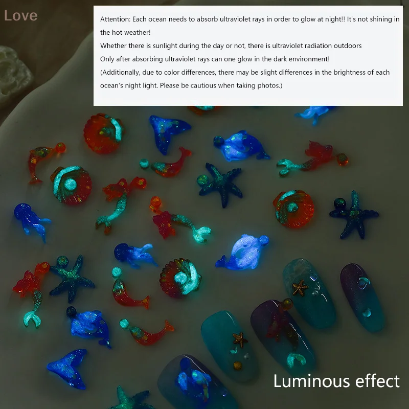[L & P] 50 Uds. De dijes 3D para decoración de uñas de océano, concha de estrella de mar de verano, decoración de uñas, suministros de accesorios para uñas con gradiente luminoso de resina
