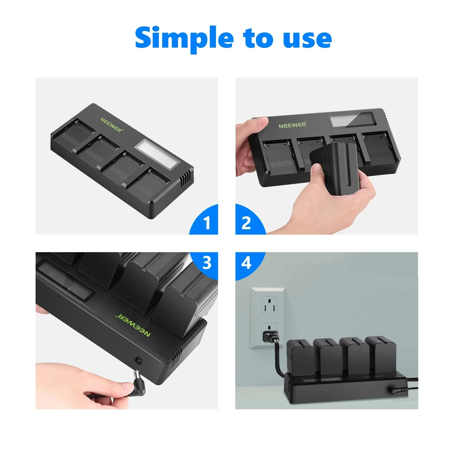 Neewer 4-Channel NP-F Battery Charger with LCD Screen & Power Adapter For  Camcorder Li-ion Batteries
