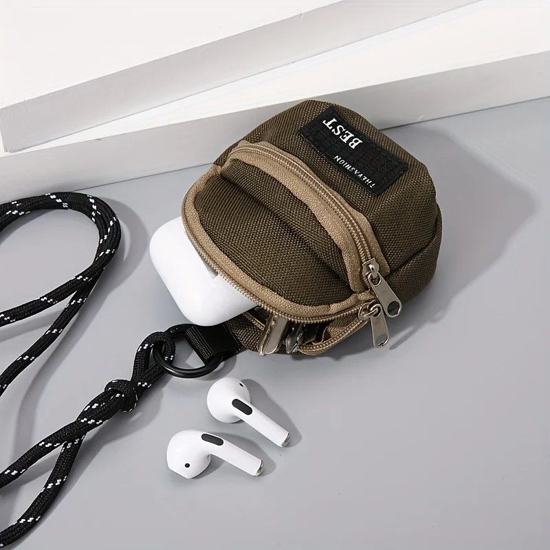 1PC Polyester Mini Tech Pouch, Portable Neck Bag W/ Strap for Earphones Outdoor Travel Gift