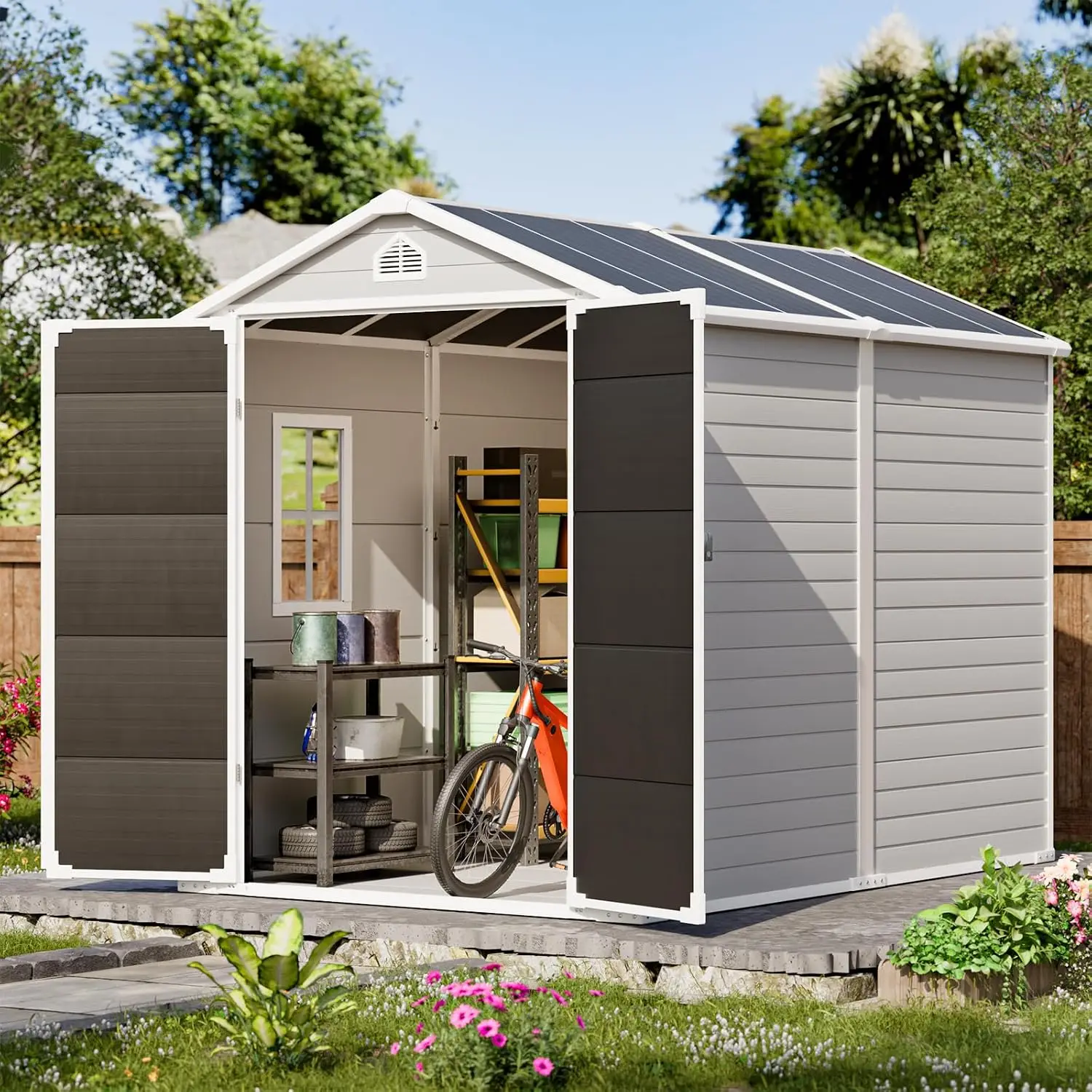 Outdoor Resin Storage Shed 8x6 FT, Plastic Tool Shed with Lockable Door for Bike Garbage Can Backyard Patio Lawn, Customized
