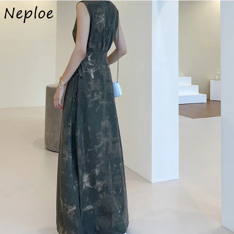 Neploe O Neck bez ramiączek sukienka bez ramiączek kobiety nadruk w stylu Vintage czeski wakacje Vestidos wysokiej talii Hip linia długa suknia