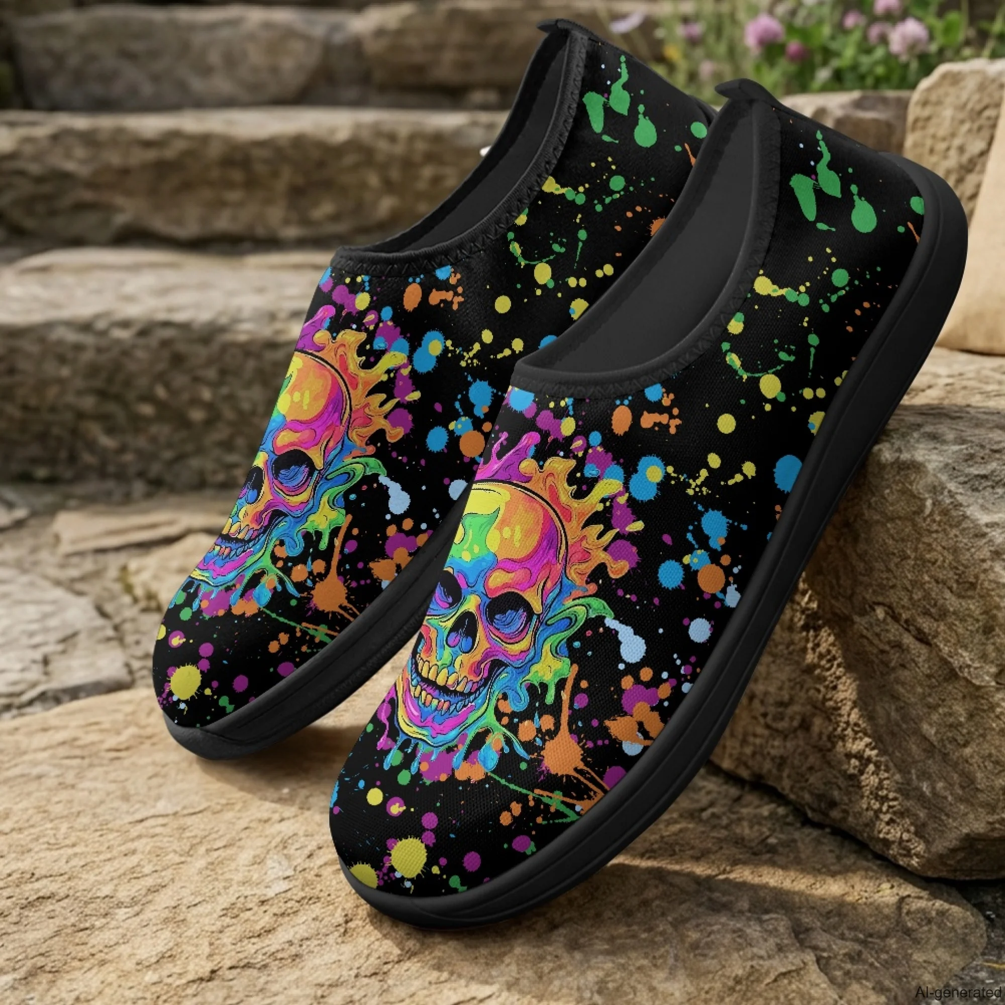 XIXIRIMIDO Slip-on Wide-toed Shoes Men's Breathable Mesh Shoes Skull Print Womens Fashion Sneakers Walking Shoes 36-46