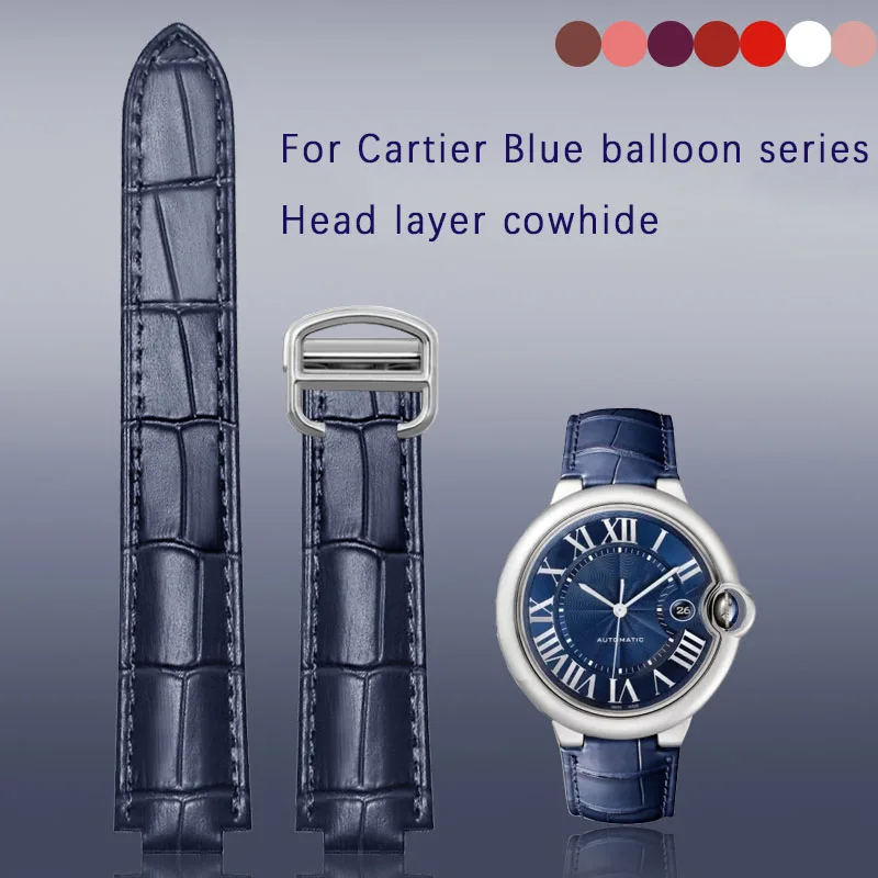 Deep blue Genuine Leather Watchband for Cartier Blue Balloon Convex mouth Belt Women\'s Strap 14 16 18 20mm Watch Accessories