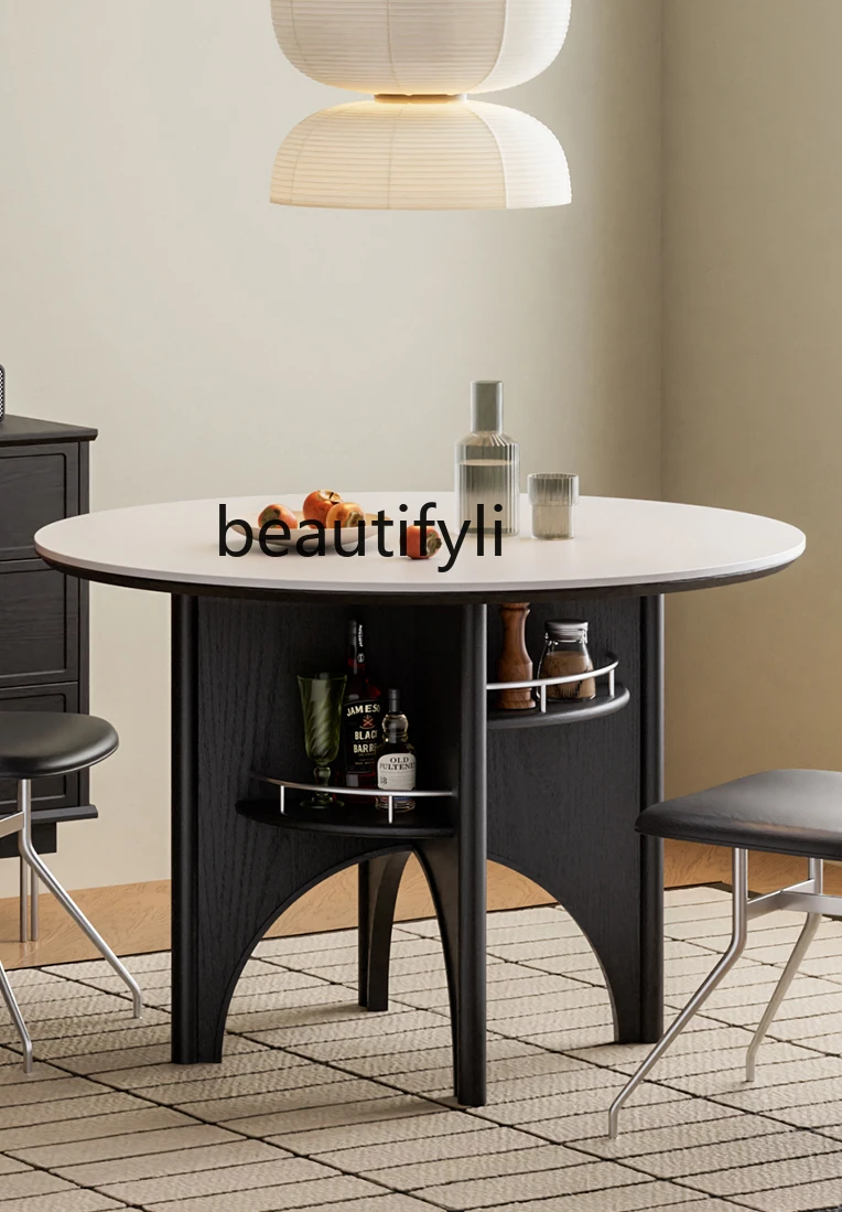 

Medieval rock slab dining table Solid wood retro, household small apartment dining table French round dining table