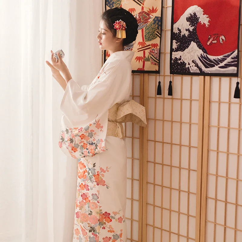 Women's Japanese Floral Yukata White Color Formal Kimono Cosplay Costume Vintage Style Stage Performance Dress