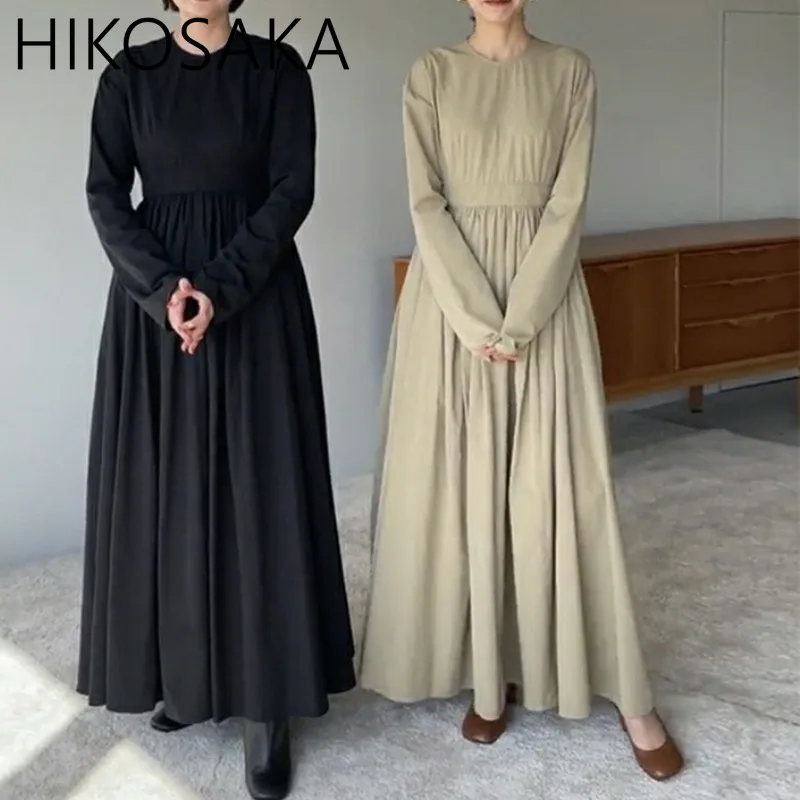 

Japanese Simple O-neck Solid Dresses Slim Waist Pleated Long Sleeve Robe Female 2024 New Elegant Temperament Vestidos Mujer