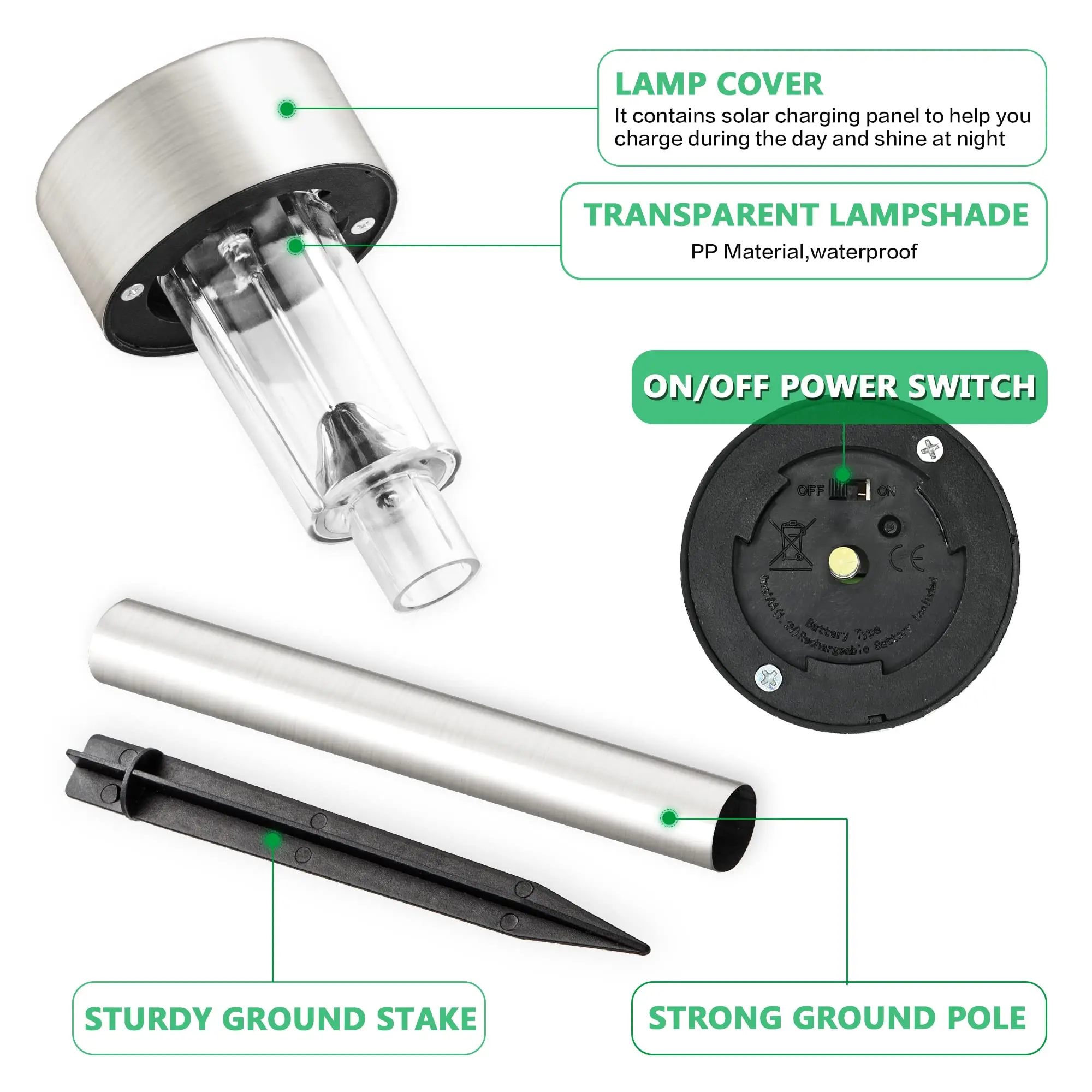 หลอดไฟทางเดินทางเดินกลางแจ้ง lampu tenaga Surya ไฟ LED สำหรับสวน/ภูมิทัศน์/ลาน/สนามหญ้า/ลาน/ถนน (สแตนเลส)