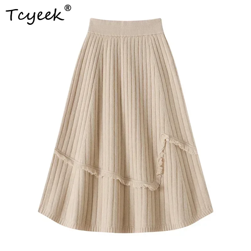 Chic Tassel Long Skirt Women's Skirts 100% Cashmere Skirts Knitted Autumn Winter Skirt A-line Thicken Elegant Maxi Dress Bottom